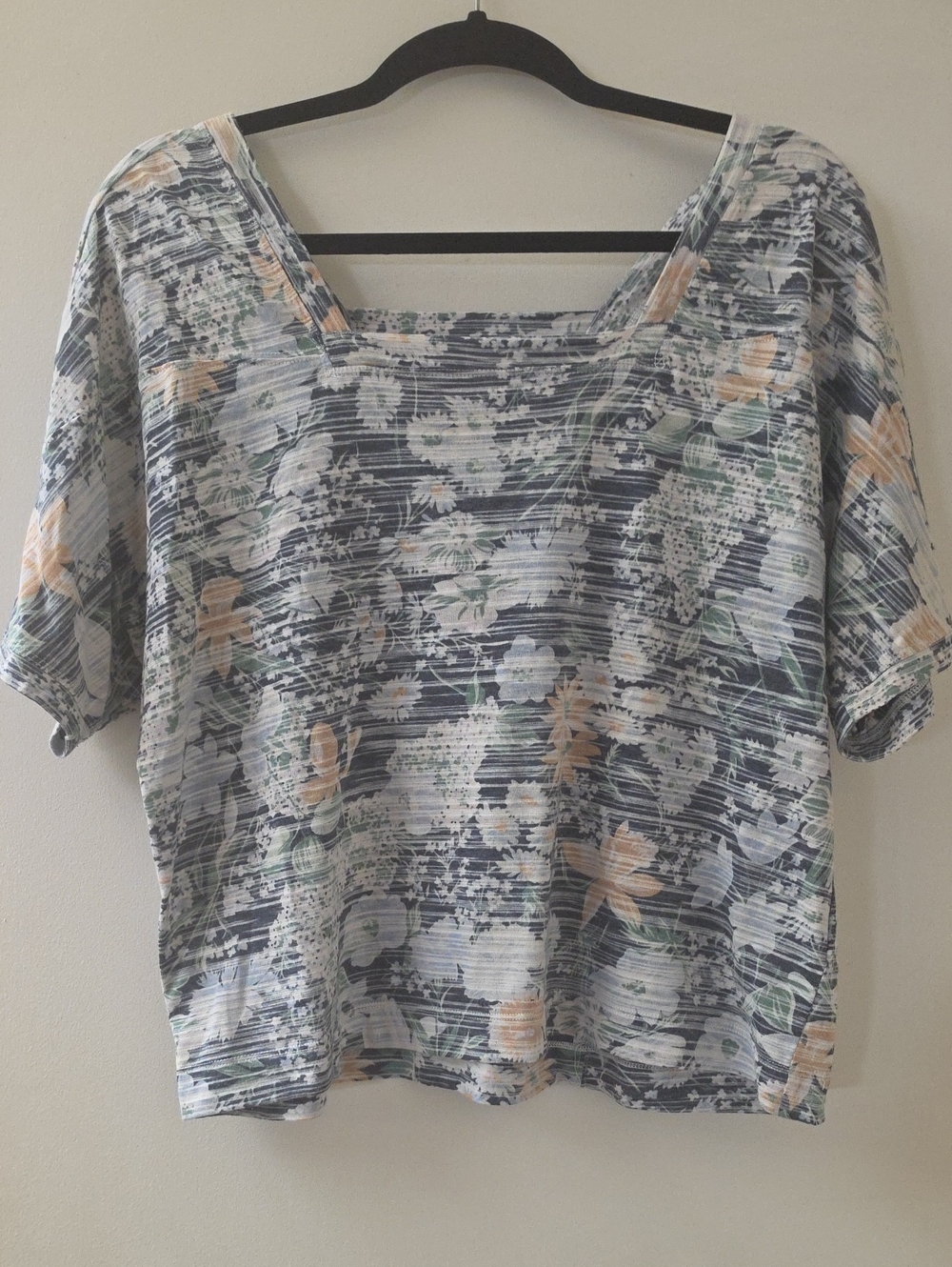 Anthropologie Navy Floral Square  Neck Top Yellow Green Light Blue Accents MP